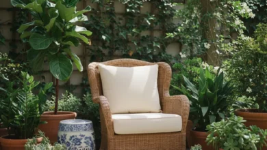 blue and white garden stool