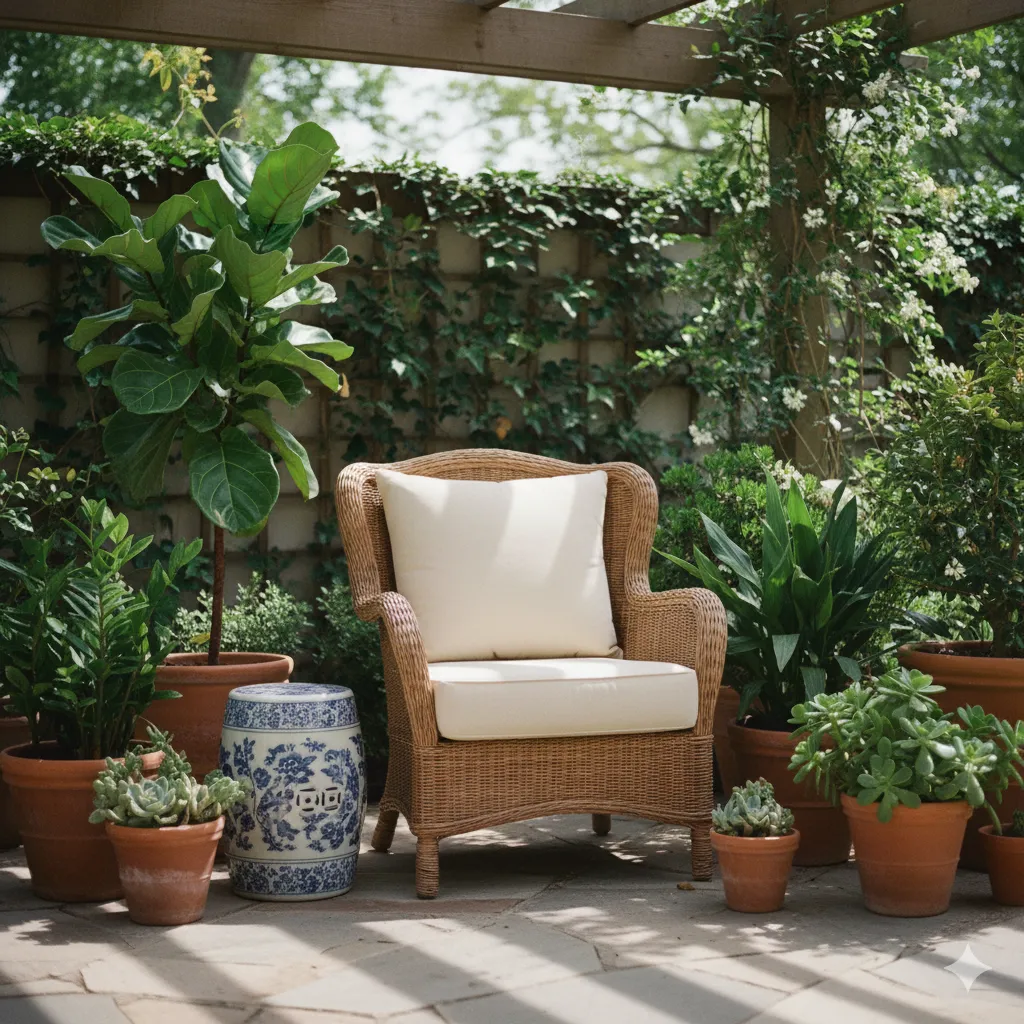 blue and white garden stool